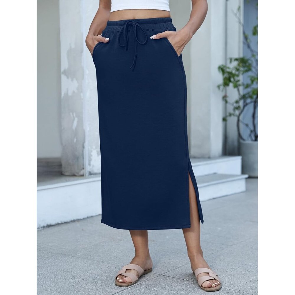 Women's Navy Blue Drawstring Side Slit Spring Casual Pencil Pockets Maxi Skirt - Picture 6 of 6